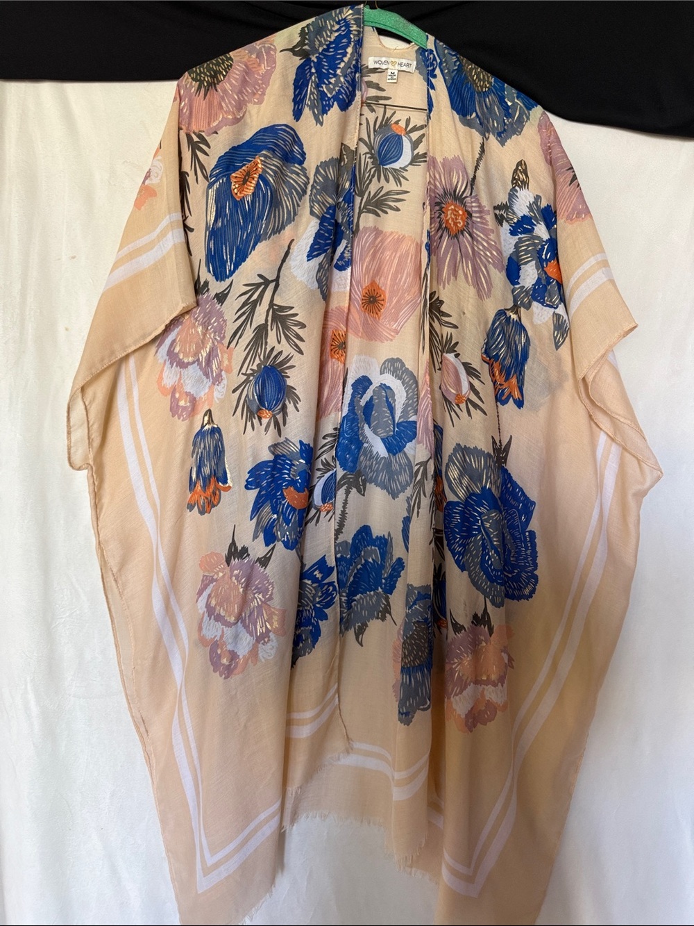 Woven Heart Floral Kimono in Peach, Blue & Green